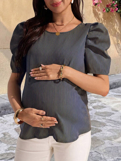 Navy Blue Striped Maternity Top with Petal Puff Sleeves, Casual Round Neck Short Sleeve Pregnancy Shirt for Daily Wear