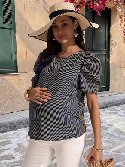 Navy Blue Striped Maternity Top with Petal Puff Sleeves, Casual Round Neck Short Sleeve Pregnancy Shirt for Daily Wear
