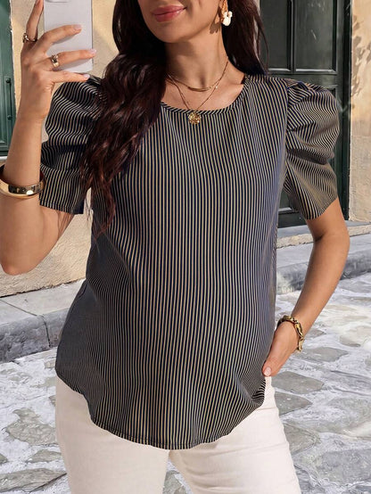 Navy Blue Striped Maternity Top with Petal Puff Sleeves, Casual Round Neck Short Sleeve Pregnancy Shirt for Daily Wear