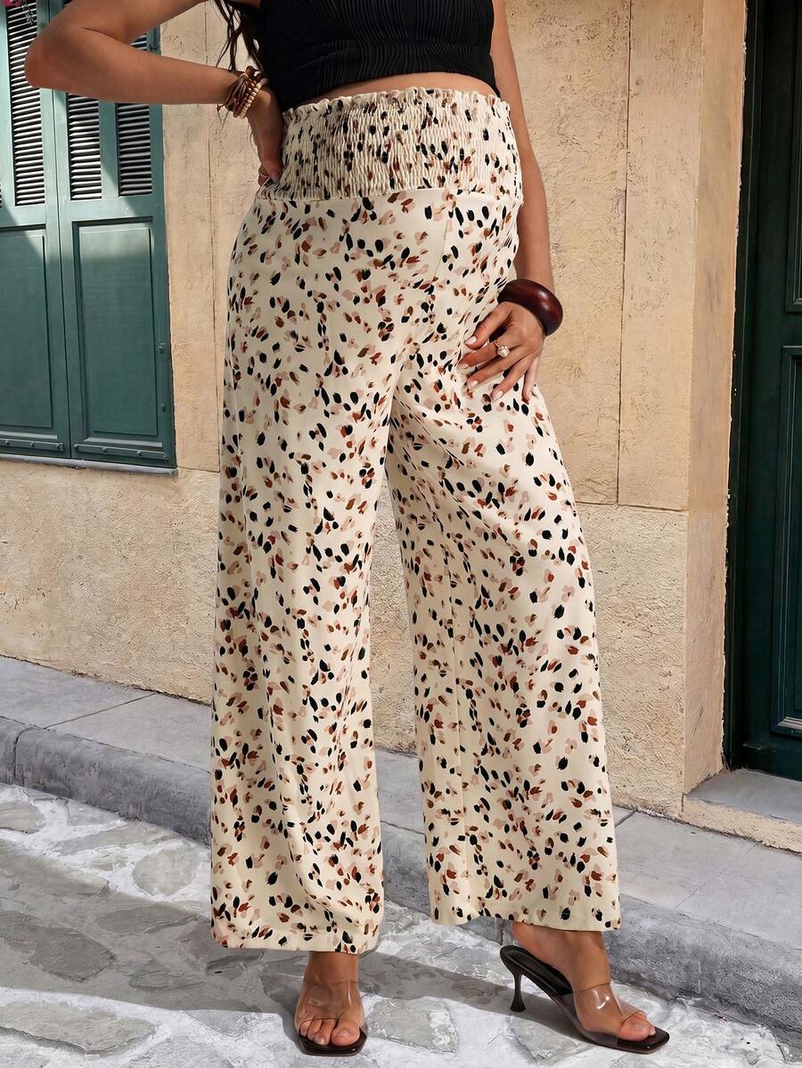 Apricot Leopard Print Maternity Wide Leg Pants with Lettuce Trim and Elastic Waist - Comfortable High Waist Straight Leg Summer Trousers