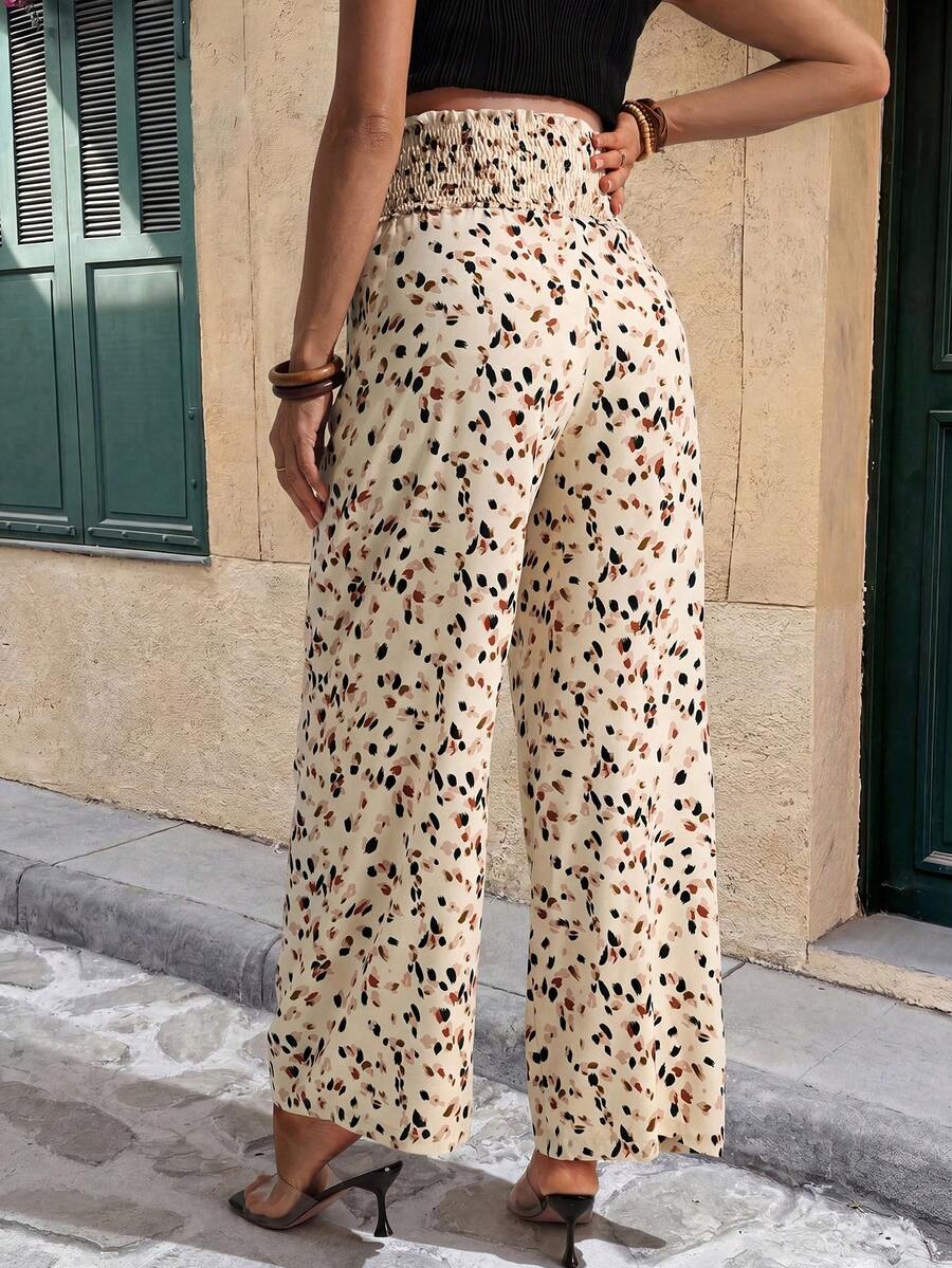 Apricot Leopard Print Maternity Wide Leg Pants with Lettuce Trim and Elastic Waist - Comfortable High Waist Straight Leg Summer Trousers