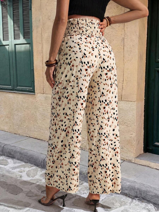 Apricot Leopard Print Maternity Wide Leg Pants with Lettuce Trim and Elastic Waist - Comfortable High Waist Straight Leg Summer Trousers