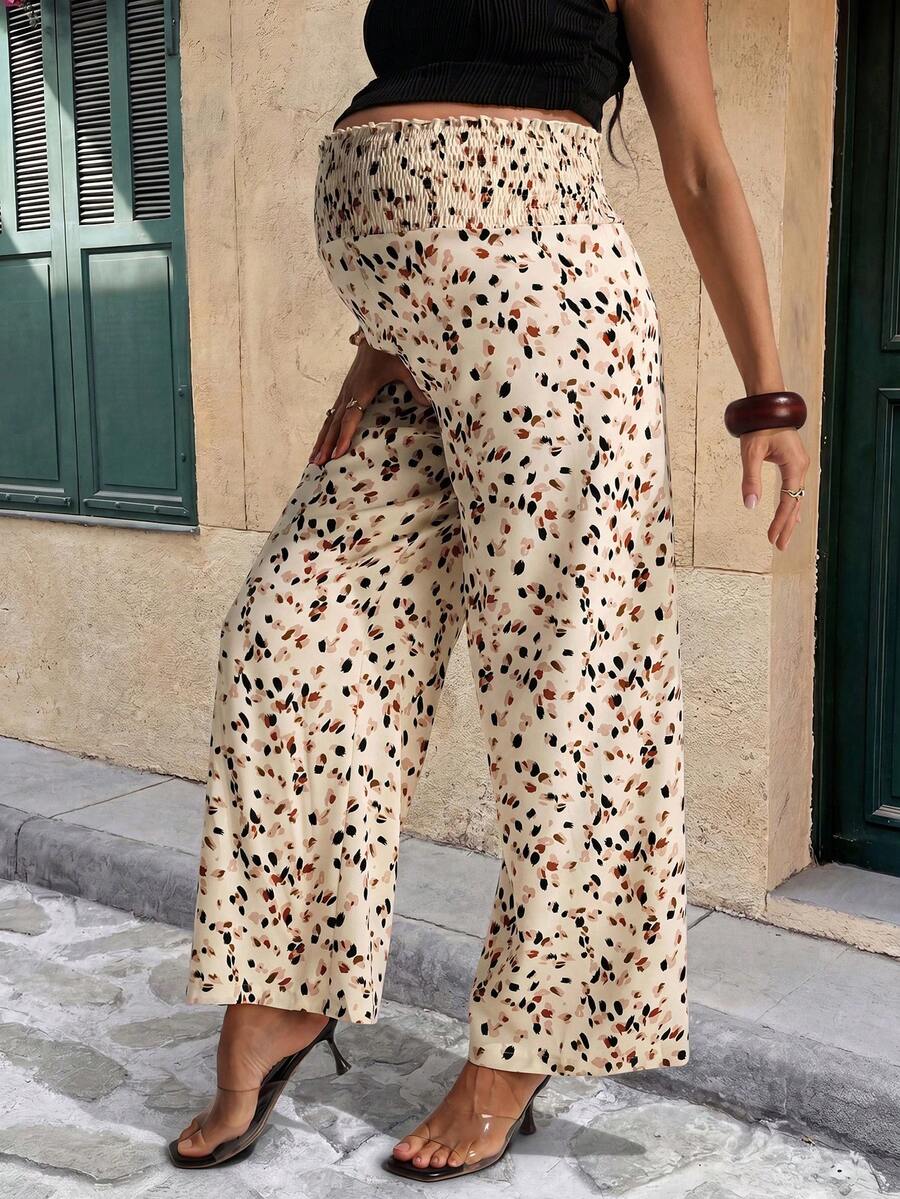 Apricot Leopard Print Maternity Wide Leg Pants with Lettuce Trim and Elastic Waist - Comfortable High Waist Straight Leg Summer Trousers