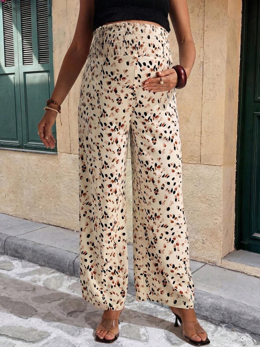 Apricot Leopard Print Maternity Wide Leg Pants with Lettuce Trim and Elastic Waist - Comfortable High Waist Straight Leg Summer Trousers