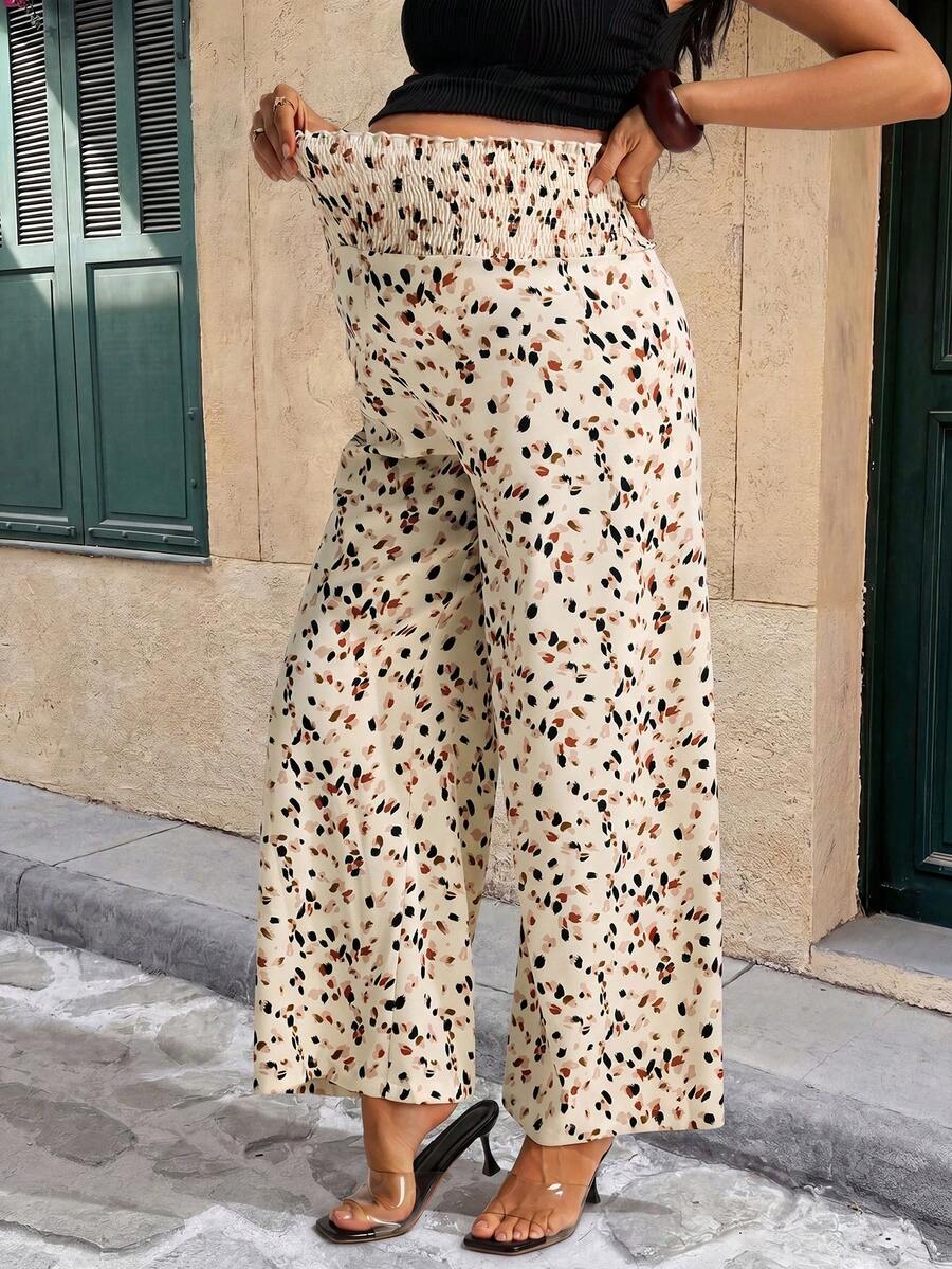Apricot Leopard Print Maternity Wide Leg Pants with Lettuce Trim and Elastic Waist - Comfortable High Waist Straight Leg Summer Trousers