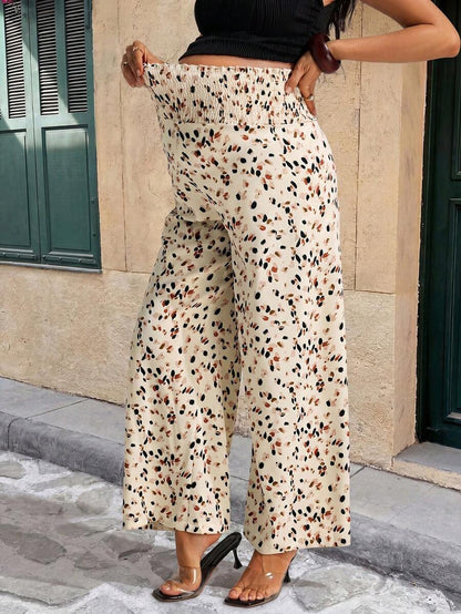Apricot Leopard Print Maternity Wide Leg Pants with Lettuce Trim and Elastic Waist - Comfortable High Waist Straight Leg Summer Trousers