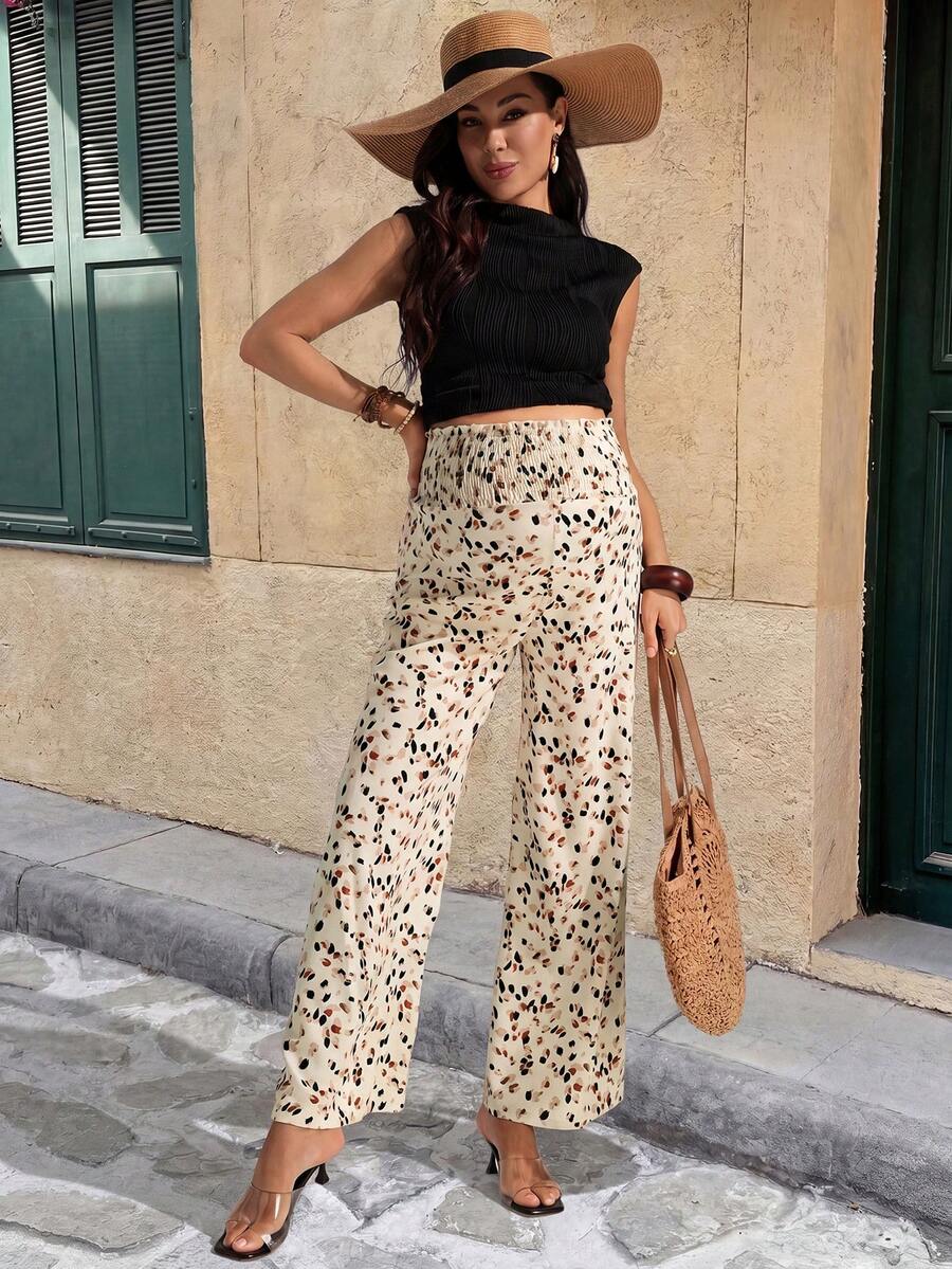 Apricot Leopard Print Maternity Wide Leg Pants with Lettuce Trim and Elastic Waist - Comfortable High Waist Straight Leg Summer Trousers