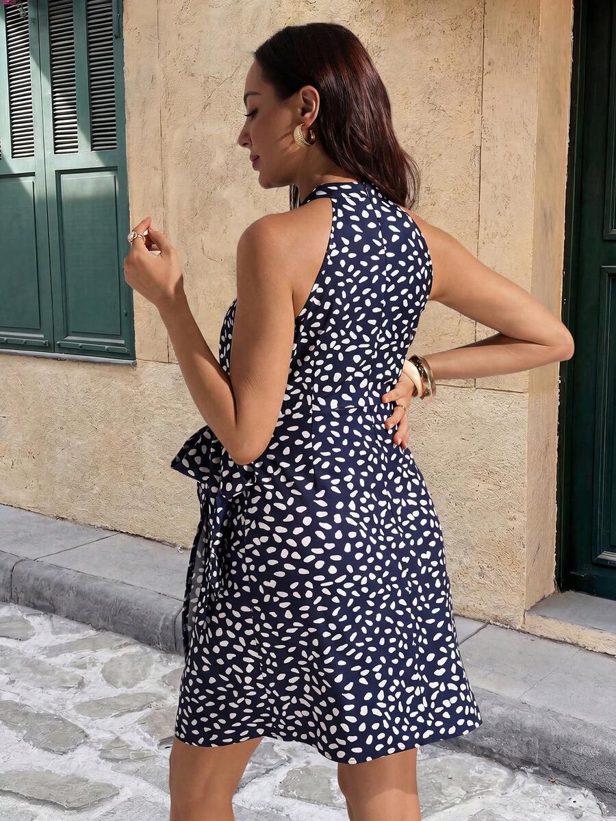 Blue Spotted Print Halter Neck Maternity Mini Dress - Chic Sleeveless Stand Collar A-Line Dress for Office and Summer Vacations