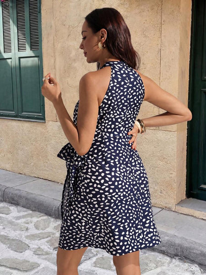 Blue Spotted Print Halter Neck Maternity Mini Dress - Chic Sleeveless Stand Collar A-Line Dress for Office and Summer Vacations
