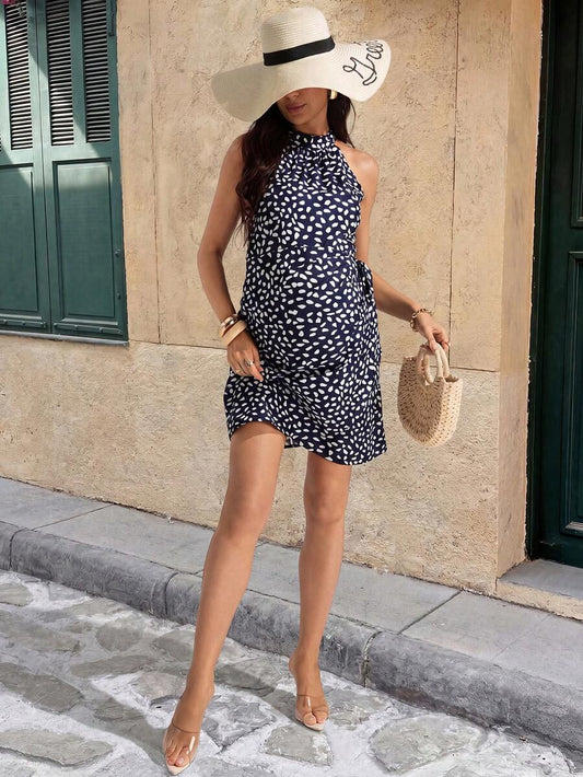 Blue Spotted Print Halter Neck Maternity Mini Dress - Chic Sleeveless Stand Collar A-Line Dress for Office and Summer Vacations