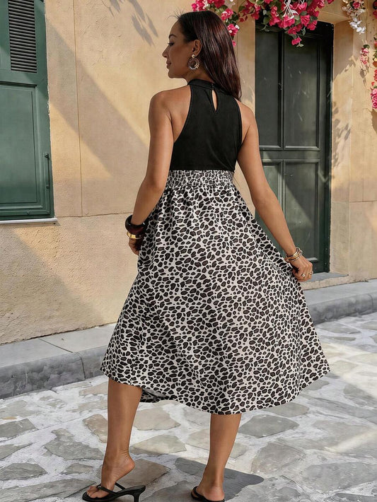 Multicolor Leopard Print Stand Collar A-Line Dress - Sleeveless High Waist Long Maxi Dress with Shirred Details - Elegant Night Out Summer Fashion for Women