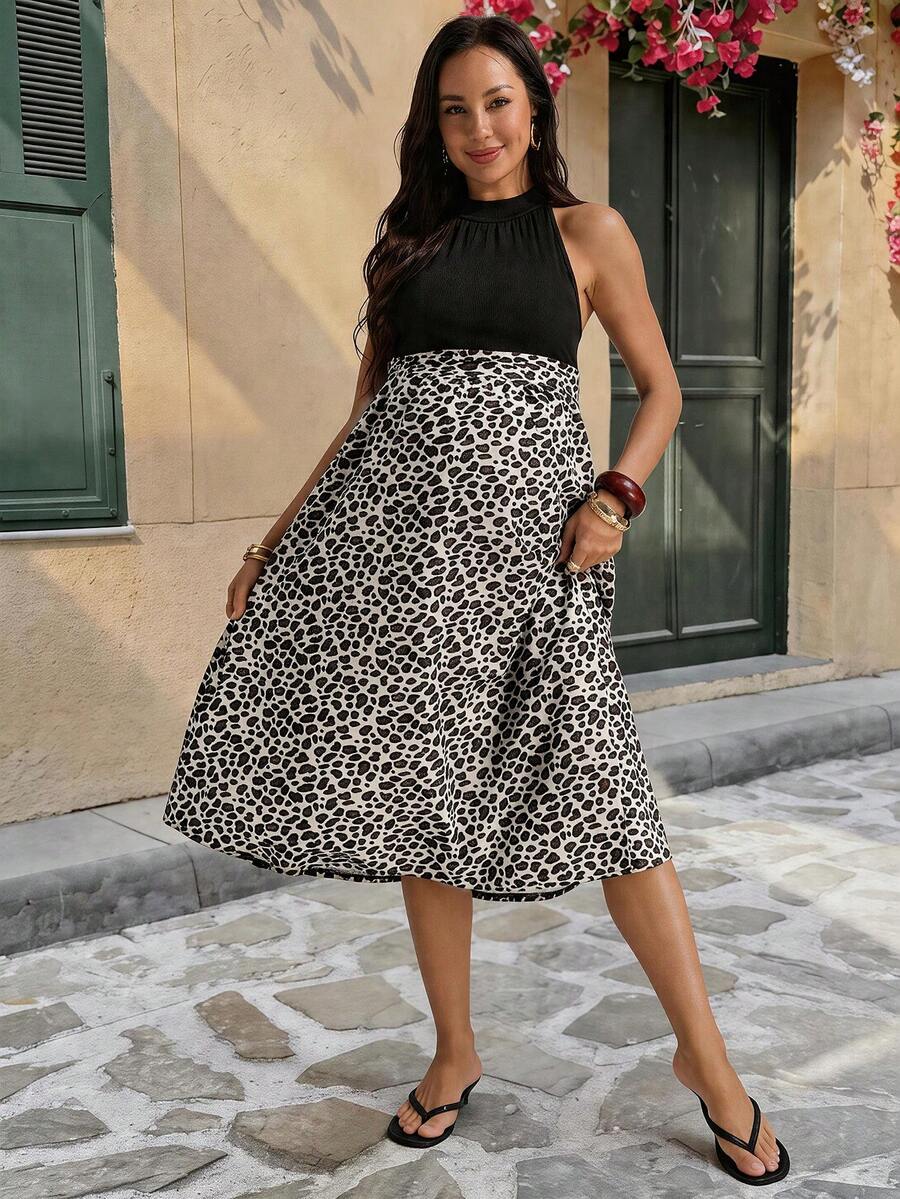 Multicolor Leopard Print Stand Collar A-Line Dress - Sleeveless High Waist Long Maxi Dress with Shirred Details - Elegant Night Out Summer Fashion for Women