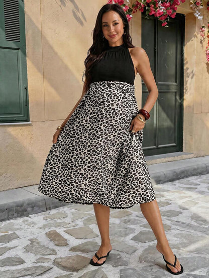 Multicolor Leopard Print Stand Collar A-Line Dress - Sleeveless High Waist Long Maxi Dress with Shirred Details - Elegant Night Out Summer Fashion for Women