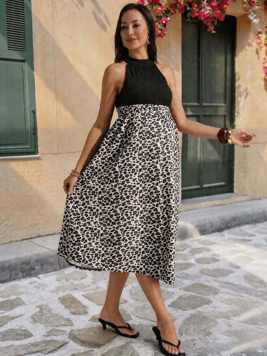 Multicolor Leopard Print Stand Collar A-Line Dress - Sleeveless High Waist Long Maxi Dress with Shirred Details - Elegant Night Out Summer Fashion for Women