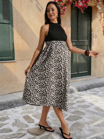 Multicolor Leopard Print Stand Collar A-Line Dress - Sleeveless High Waist Long Maxi Dress with Shirred Details - Elegant Night Out Summer Fashion for Women