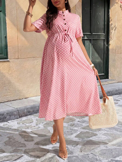 Maternity Polka Dot A-Line Midi Dress - Stand Collar, Puff Short Sleeve, Half Placket, Pink
