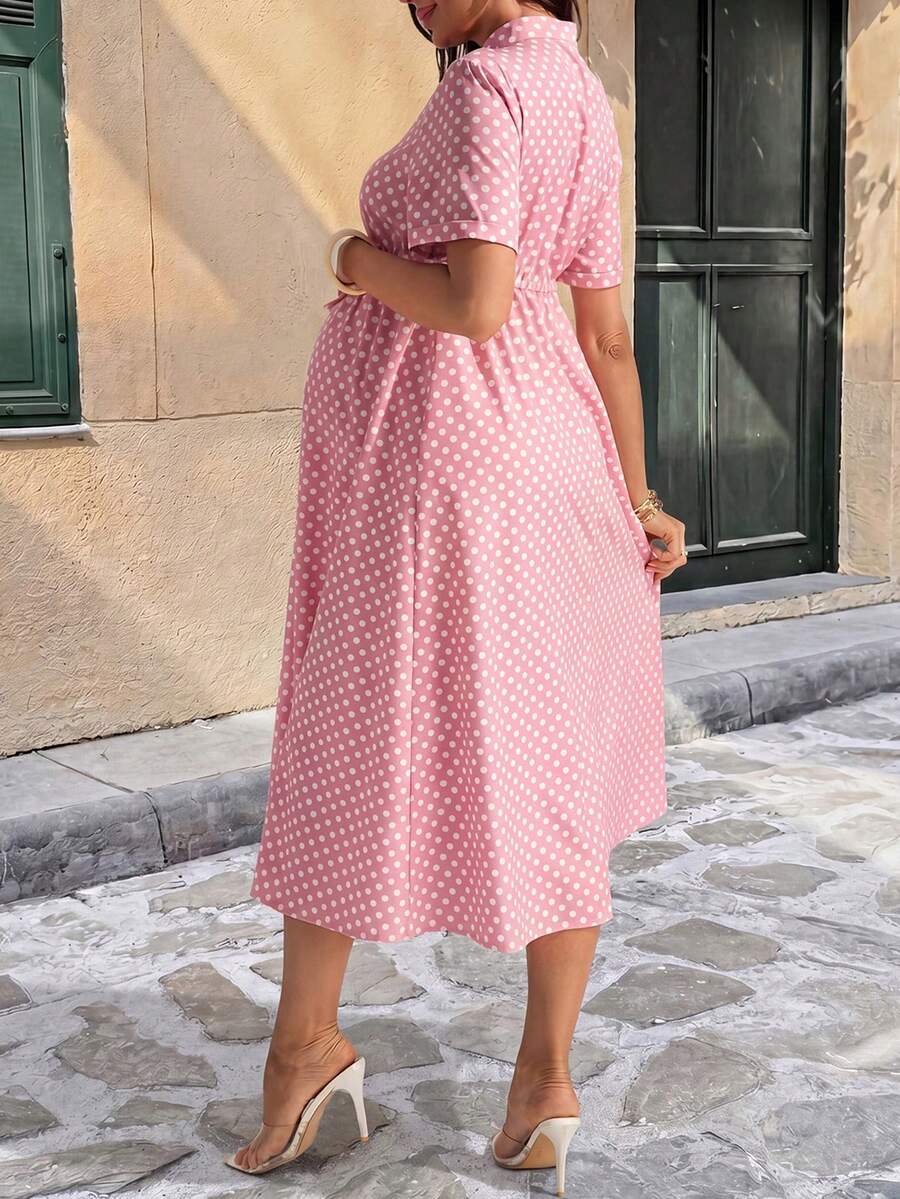 Maternity Polka Dot A-Line Midi Dress - Stand Collar, Puff Short Sleeve, Half Placket, Pink