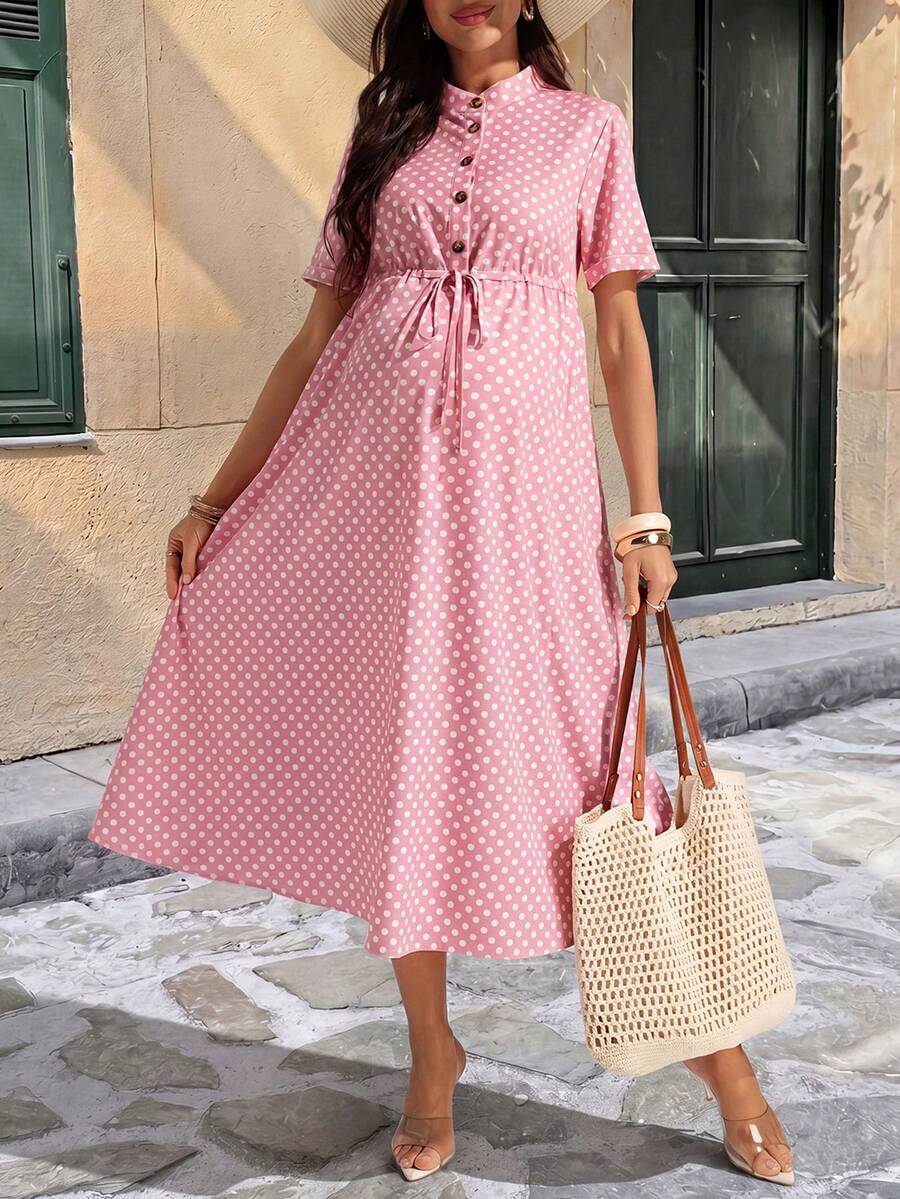 Maternity Polka Dot A-Line Midi Dress - Stand Collar, Puff Short Sleeve, Half Placket, Pink