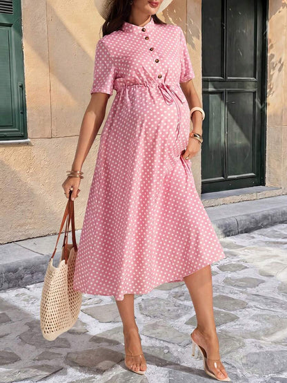 Maternity Polka Dot A-Line Midi Dress - Stand Collar, Puff Short Sleeve, Half Placket, Pink