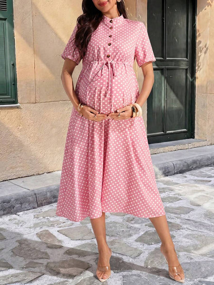 Maternity Polka Dot A-Line Midi Dress - Stand Collar, Puff Short Sleeve, Half Placket, Pink
