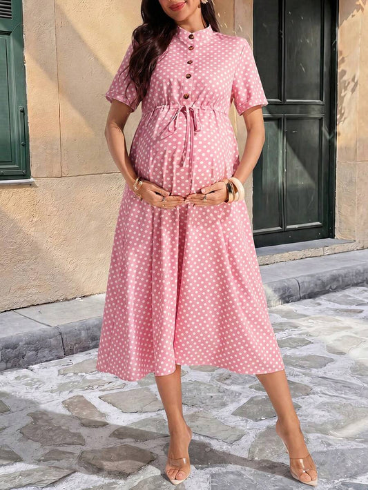 Maternity Polka Dot A-Line Midi Dress - Stand Collar, Puff Short Sleeve, Half Placket, Pink