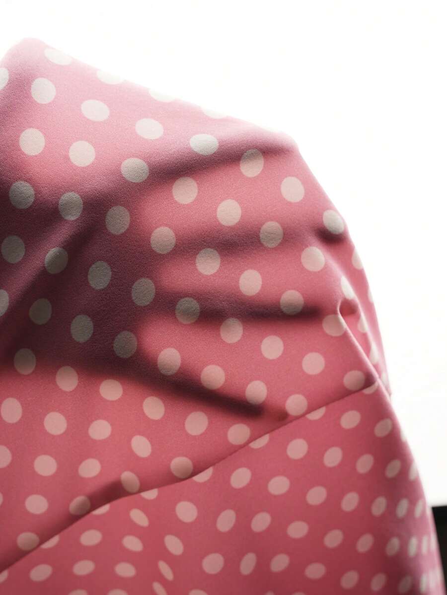 Maternity Polka Dot A-Line Midi Dress - Stand Collar, Puff Short Sleeve, Half Placket, Pink