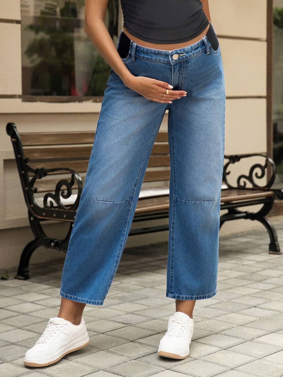 Medium Wash Straight Leg Maternity Jeans - Loose Fit High Waist Wide Leg Denim Trousers - Cropped Baggy Fashion Denim for Women