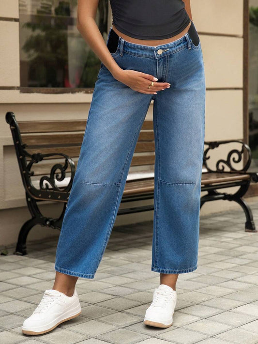 Medium Wash Straight Leg Maternity Jeans - Loose Fit High Waist Wide Leg Denim Trousers - Cropped Baggy Fashion Denim for Women