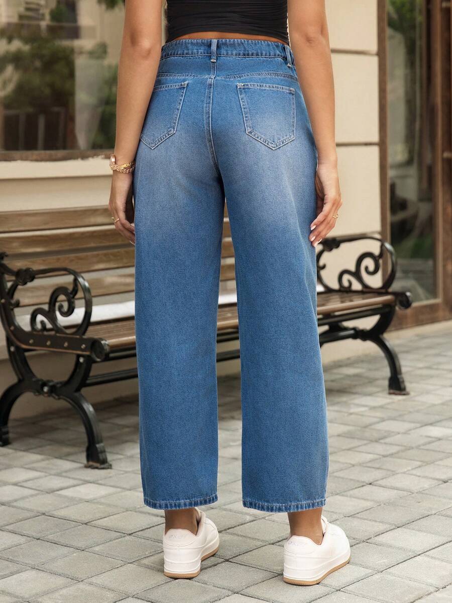 Medium Wash Straight Leg Maternity Jeans - Loose Fit High Waist Wide Leg Denim Trousers - Cropped Baggy Fashion Denim for Women