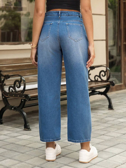 Medium Wash Straight Leg Maternity Jeans - Loose Fit High Waist Wide Leg Denim Trousers - Cropped Baggy Fashion Denim for Women