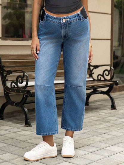 Medium Wash Straight Leg Maternity Jeans - Loose Fit High Waist Wide Leg Denim Trousers - Cropped Baggy Fashion Denim for Women