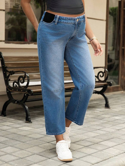 Medium Wash Straight Leg Maternity Jeans - Loose Fit High Waist Wide Leg Denim Trousers - Cropped Baggy Fashion Denim for Women