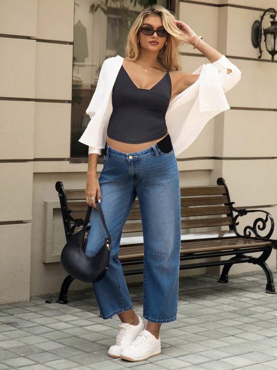 Medium Wash Straight Leg Maternity Jeans - Loose Fit High Waist Wide Leg Denim Trousers - Cropped Baggy Fashion Denim for Women