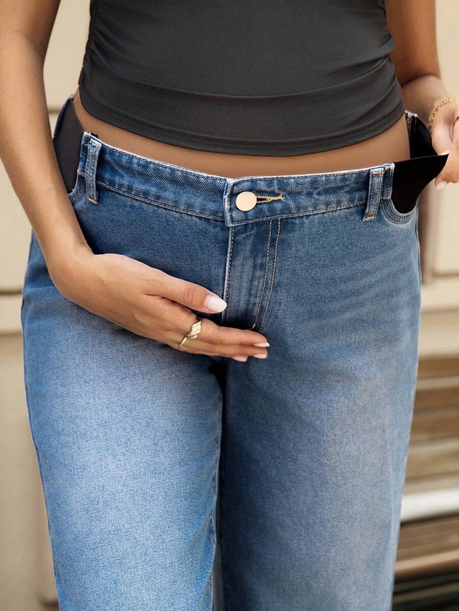 Medium Wash Straight Leg Maternity Jeans - Loose Fit High Waist Wide Leg Denim Trousers - Cropped Baggy Fashion Denim for Women