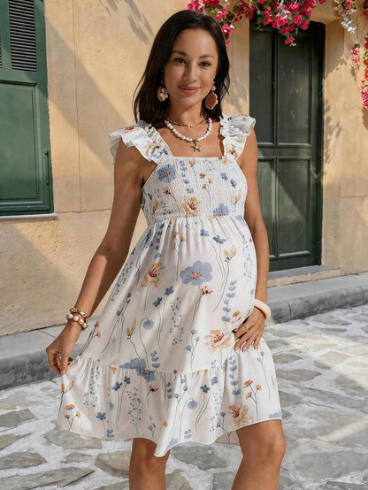 White Floral Print Square Neck Maternity Dress - Boho Shirred High Waist A-Line Mini Dress - Summer Vacation and Beach Resort Wear for Women