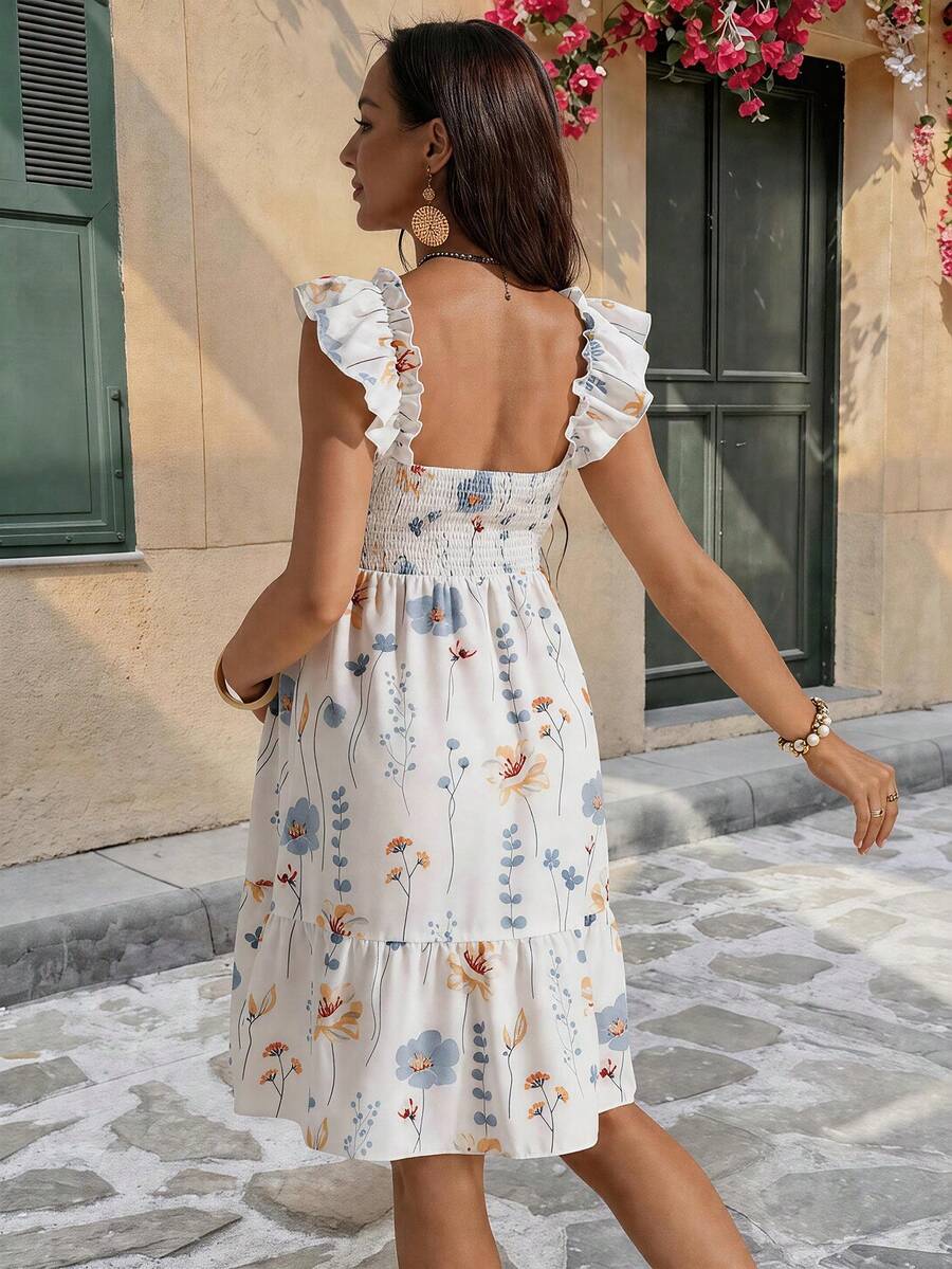 White Floral Print Square Neck Maternity Dress - Boho Shirred High Waist A-Line Mini Dress - Summer Vacation and Beach Resort Wear for Women