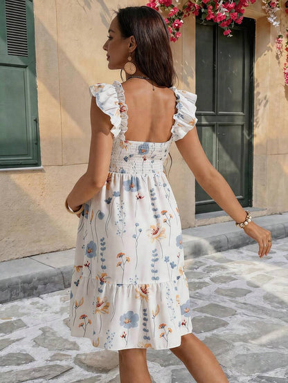 White Floral Print Square Neck Maternity Dress - Boho Shirred High Waist A-Line Mini Dress - Summer Vacation and Beach Resort Wear for Women