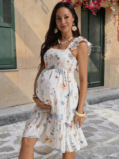 White Floral Print Square Neck Maternity Dress - Boho Shirred High Waist A-Line Mini Dress - Summer Vacation and Beach Resort Wear for Women
