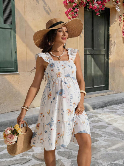 White Floral Print Square Neck Maternity Dress - Boho Shirred High Waist A-Line Mini Dress - Summer Vacation and Beach Resort Wear for Women