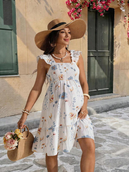 White Floral Print Square Neck Maternity Dress - Boho Shirred High Waist A-Line Mini Dress - Summer Vacation and Beach Resort Wear for Women