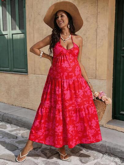Red Plant Print Halter Maxi Dress - Boho Ruffle Hem Cold Shoulder Vacation Dress for Beach Resort Wear and Summer Cruise Outfits