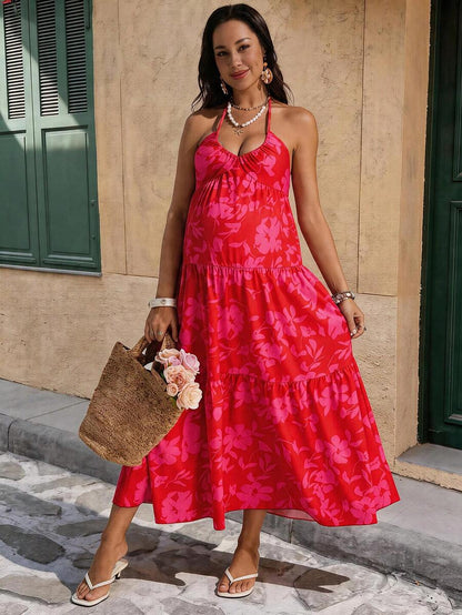 Red Plant Print Halter Maxi Dress - Boho Ruffle Hem Cold Shoulder Vacation Dress for Beach Resort Wear and Summer Cruise Outfits