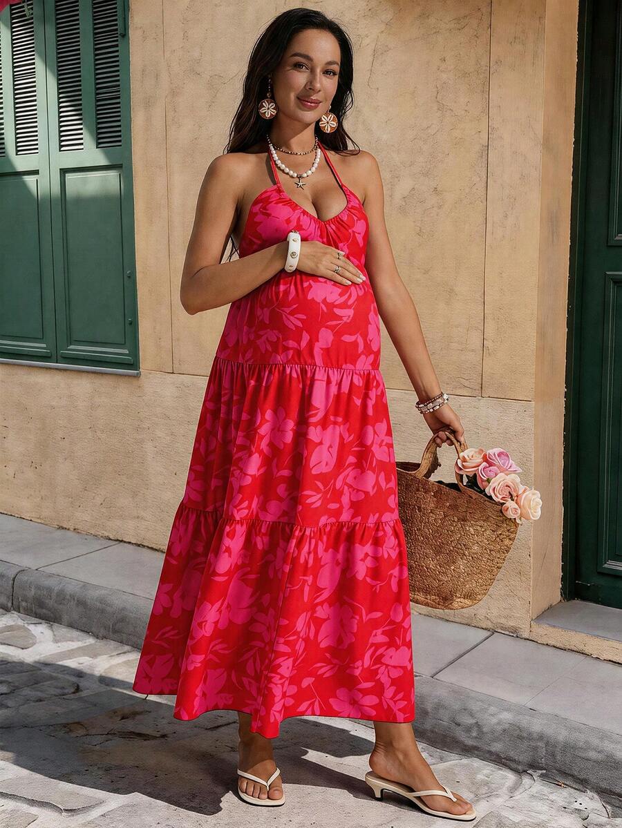 Red Plant Print Halter Maxi Dress - Boho Ruffle Hem Cold Shoulder Vacation Dress for Beach Resort Wear and Summer Cruise Outfits
