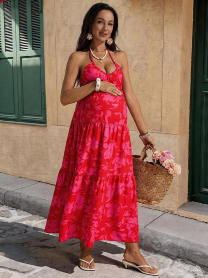 Red Plant Print Halter Maxi Dress - Boho Ruffle Hem Cold Shoulder Vacation Dress for Beach Resort Wear and Summer Cruise Outfits