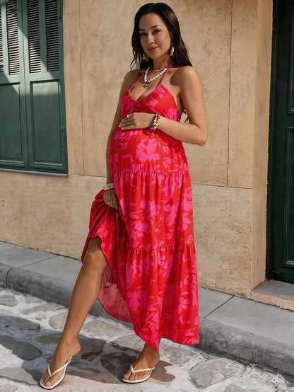 Red Plant Print Halter Maxi Dress - Boho Ruffle Hem Cold Shoulder Vacation Dress for Beach Resort Wear and Summer Cruise Outfits