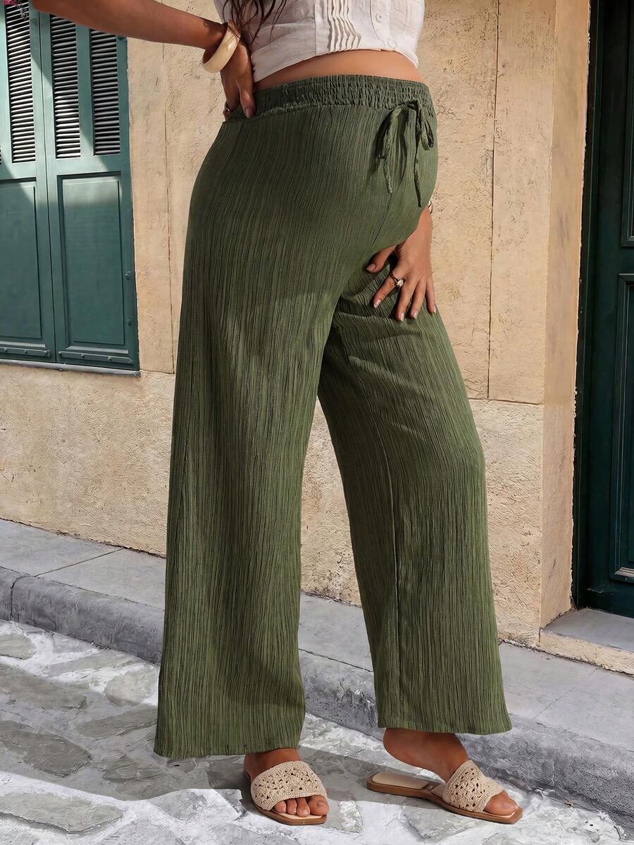 Army Green Wide Leg Maternity Pants – Comfortable Elastic High Waist Pleated Straight Leg Palazzo Trousers for Summer Casual & Commuting