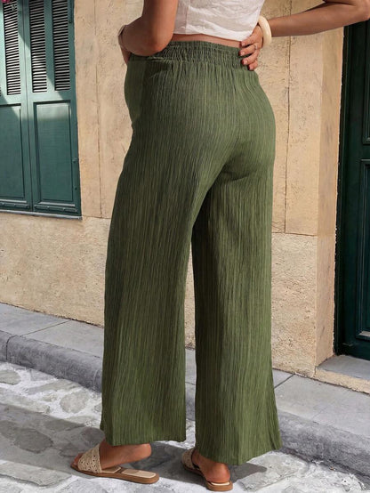 Army Green Wide Leg Maternity Pants – Comfortable Elastic High Waist Pleated Straight Leg Palazzo Trousers for Summer Casual & Commuting