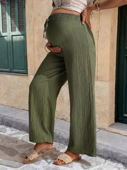 Army Green Wide Leg Maternity Pants – Comfortable Elastic High Waist Pleated Straight Leg Palazzo Trousers for Summer Casual & Commuting