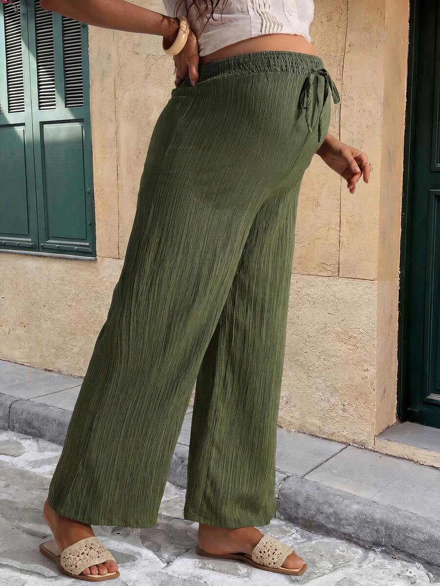 Army Green Wide Leg Maternity Pants – Comfortable Elastic High Waist Pleated Straight Leg Palazzo Trousers for Summer Casual & Commuting