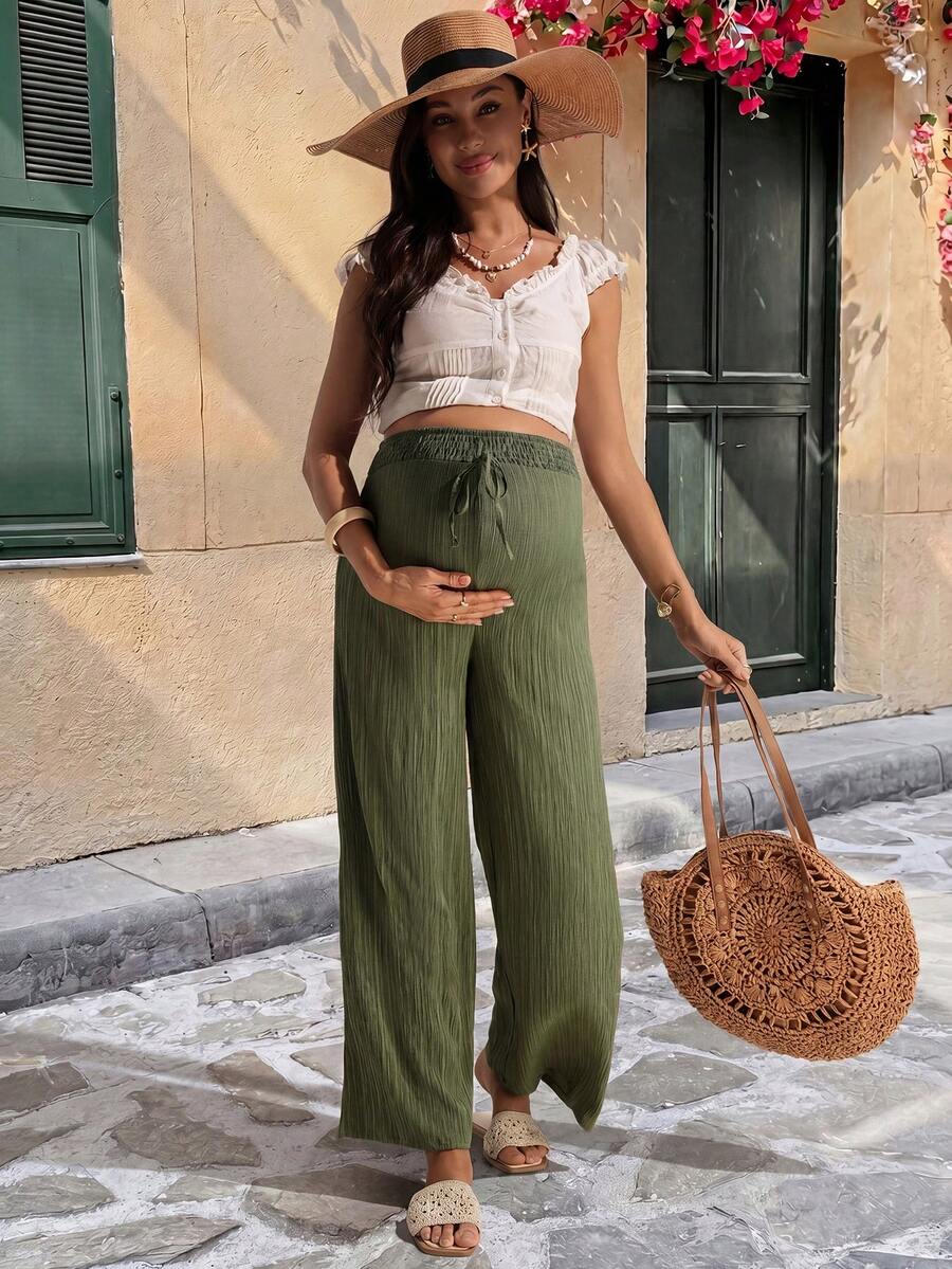 Army Green Wide Leg Maternity Pants – Comfortable Elastic High Waist Pleated Straight Leg Palazzo Trousers for Summer Casual & Commuting